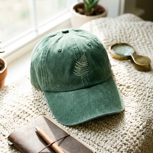 Washed Cotton Cap with Fern Embroidery – Adjustable Dad Hat