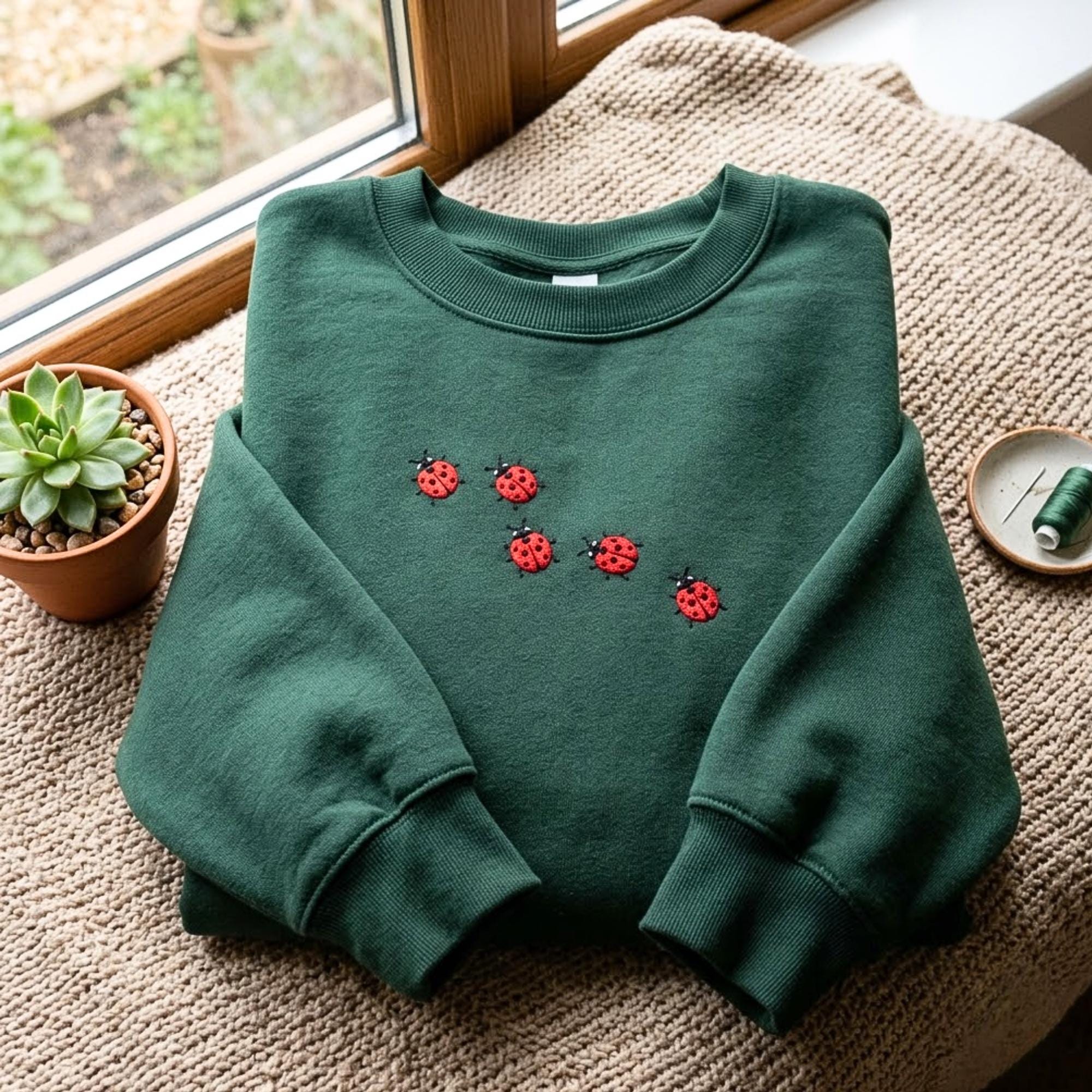 Embroidered Ladybug Sweatshirt - Cotton Polyester Blend Cozy Pullover