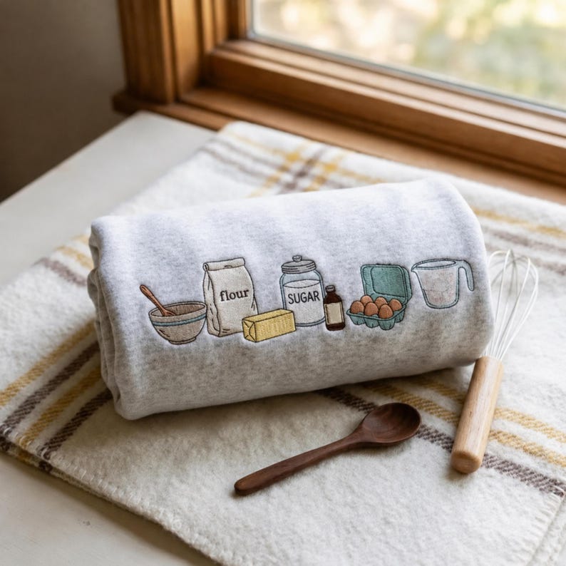 May include: A light gray sweatshirt featuring an embroidered design of baking ingredients including a bowl with a spoon, a bag labeled flour, a stick of butter, a jar labeled sugar, a small bottle, a carton of eggs, and a measuring cup.