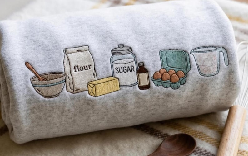 May include: A light gray fleece blanket featuring an embroidered design of baking ingredients including a mixing bowl with a spoon, a bag labeled flour, a stick of butter, a jar labeled sugar, a small bottle, a carton of eggs, and a measuring cup.