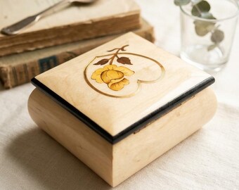 Vintage Italian Inlaid Wood Box | Sorrento Marquetry Heart Yellow Rose Trinket Holder