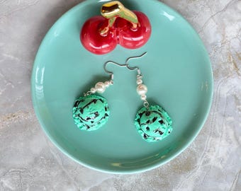 Handmade Polymer Clay Mint Chocolate Ice Cream & Pearl Earrings,Summer,Gift for Her
