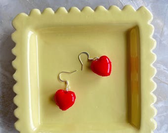 Handmade Polymer Clay Bright red heart macaron earrings!