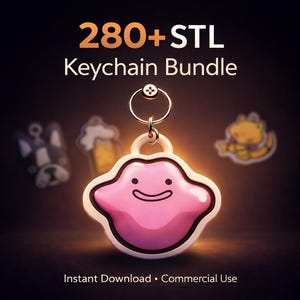 Może przedstawiać: Różowy i biały brelok w kształcie postaci Ditto, ze srebrnym kółkiem na klucze. Obraz wyświetla również tekst "280+ STL Keychain Bundle" i "Instant Download • Commercial Use". Inne wzory breloków są rozmyte w tle.