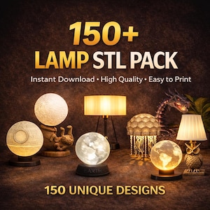 Puede incluir: Una colección de lámparas únicas con varios diseños, incluyendo lunas, globos y formas geométricas. La imagen presenta el texto "150+ LAMP STL PACK" y "150 UNIQUE DESIGNS". Las lámparas están iluminadas, mostrando sus intrincados detalles y su cálido brillo.