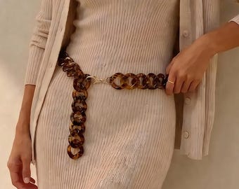 Tortoise Chain Belt, Resin Waist Chain Link Belt, Statement Belt Necklace, Sweater Chain, Vintage Style Fashion Jewelry, Multi-Wear Chain
