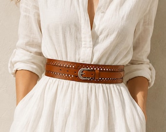 Full-Grain Leather Waist Belt for Women, Wide Corset Belt, Perforated Waist Cincher, Statement Boho Dress Belt, Minimalist Designer Belt