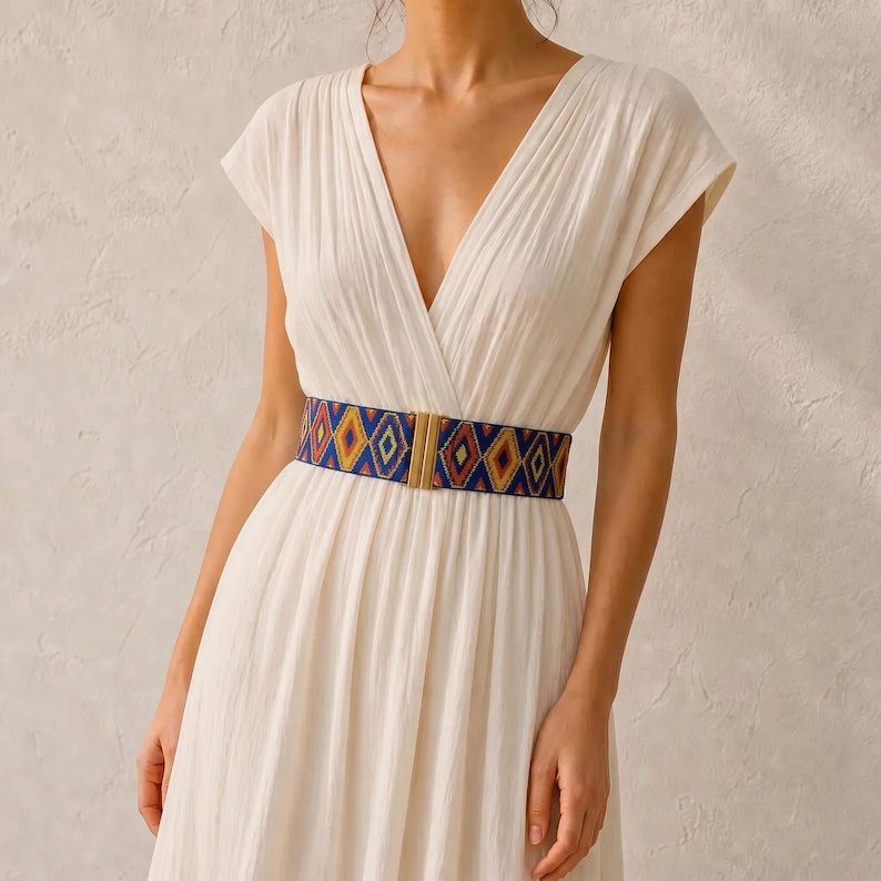 Puede incluir: Un vestido blanco con cuello en V y mangas cortas se ci&ntilde;e a la cintura con un cintur&oacute;n colorido. El cintur&oacute;n presenta un patr&oacute;n geom&eacute;trico en azul, amarillo y rojo, y una hebilla dorada.