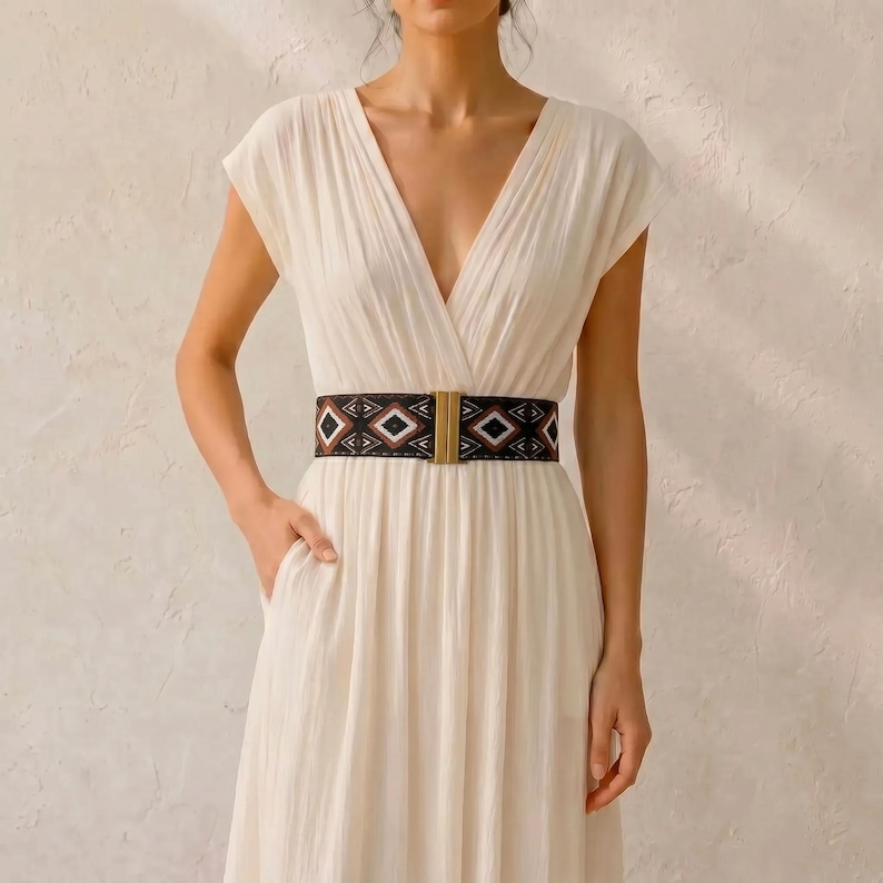 Puede incluir: Un vestido color crema con cuello en V y mangas cortas. El vestido se ci&ntilde;e a la cintura con un cintur&oacute;n negro con un estampado geom&eacute;trico en rojo, blanco y negro. El cintur&oacute;n tiene una hebilla rectangular dorada.