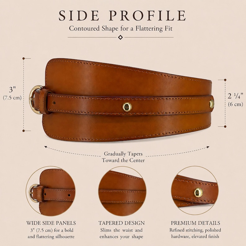 May include: A tan brown wide waist belt featuring a contoured shape that tapers toward the center. The belt includes a gold-toned metal buckle, gold-toned studs, and visible stitching. Dimensions are 3 inches at the side and 2.25 inches at the center.