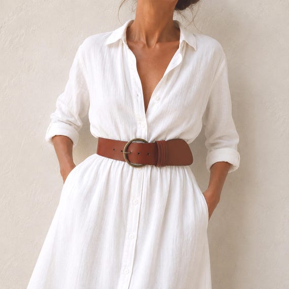 Wide Leather Waist Belt for Women, Full Grain Leather Cinch Belt for Dresses, Tapered Statement Belt with Round Buckle