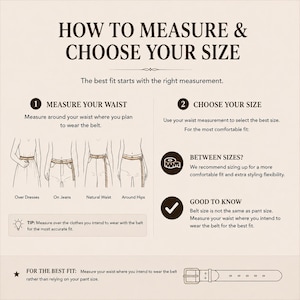 Puede incluir: Una infograf&iacute;a instructiva titulada HOW TO MEASURE & CHOOSE YOUR SIZE. Incluye diagramas que muestran c&oacute;mo medir la cintura sobre vestidos, jeans, en la cintura natural y alrededor de las caderas, con consejos sobre tallas de cinturones.