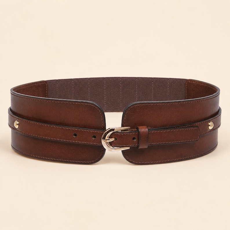 May include: A wide dark brown waist belt featuring a smooth finish, a central gold-tone metal buckle, and a matching narrow strap overlay. The belt includes two small gold-tone metal studs on the sides and a flexible elastic back panel for fit.