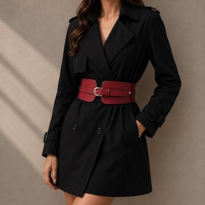 May include: A black double-breasted trench coat featuring a wide notched collar, long sleeves with buckled cuffs, and shoulder epaulets. A wide, deep red corset-style belt with a gold-toned metal buckle is cinched around the waist of the coat.