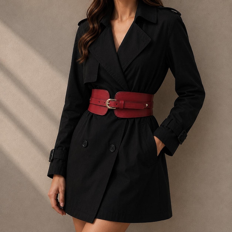 May include: A black double-breasted trench coat featuring a wide notched collar, long sleeves with buckled cuffs, and shoulder epaulets. A wide, deep red corset-style belt with a gold-toned metal buckle is cinched around the waist of the coat.