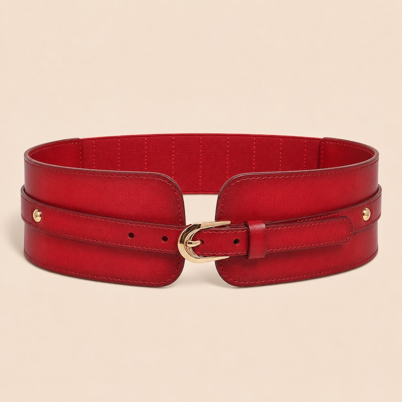 May include: A wide red elasticized waist belt featuring a smooth finish and a central gold-toned metal buckle. The design includes a horizontal strap overlay across the front, secured by small gold-toned metal studs on each side of the buckle.