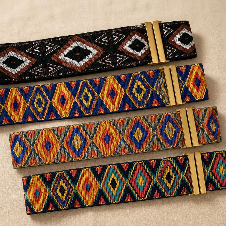 Puede incluir: Cuatro cinturones el&aacute;sticos coloridos con patrones geom&eacute;tricos. Los cinturones presentan dise&ntilde;os de diamantes y flechas en varios colores, incluyendo negro, marr&oacute;n, azul, amarillo y rojo. Cada cintur&oacute;n tiene un cierre met&aacute;lico dorado.