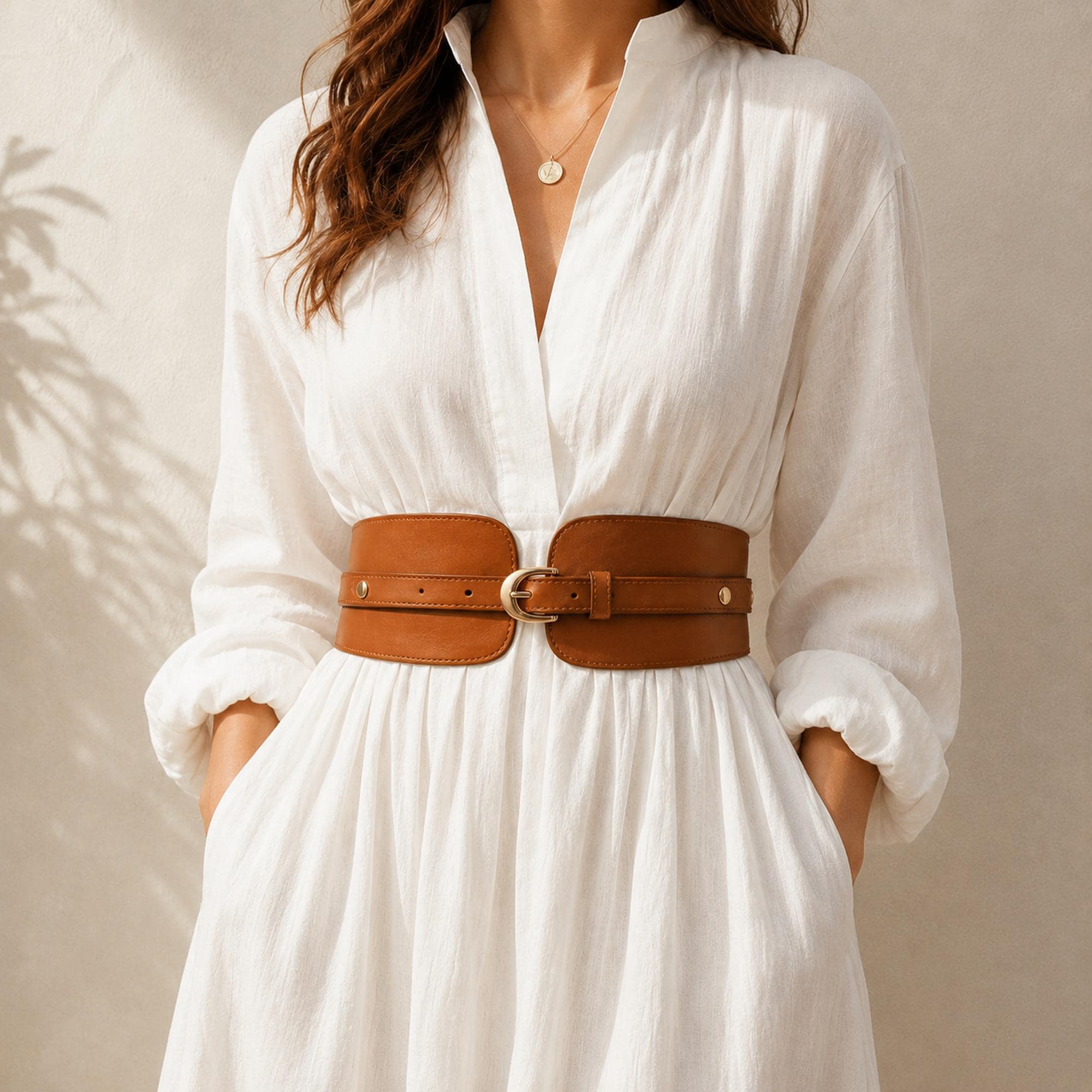 white dress with a brown belt Wrap Skirt Auguste the Label Rumi Colour:Mist Blue made for easy