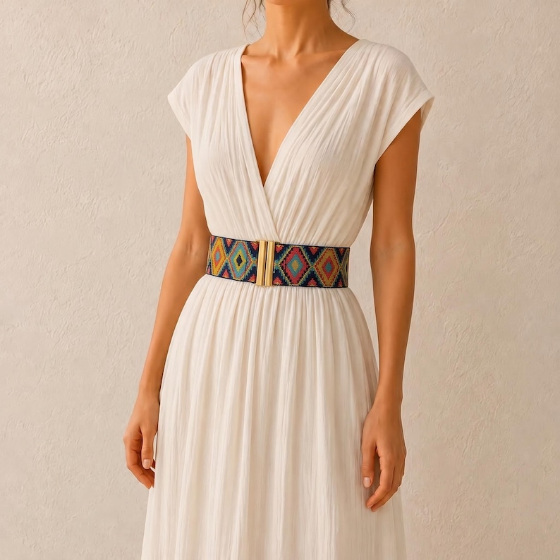 Puede incluir: Un vestido blanco con cuello en V y mangas cortas, ce&ntilde;ido a la cintura con un cintur&oacute;n estampado colorido. El cintur&oacute;n presenta un dise&ntilde;o geom&eacute;trico en tonos azules, amarillos, rojos y verdes, y una hebilla rectangular dorada.