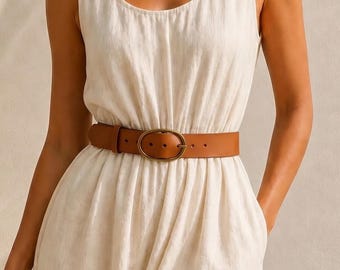 Wide Waist Belt, Full Grain Leather Belt for Women, Gold Oval Buckle Belt, Jeans Belt, Minimalist Belt for Dress, Timeless Wardrobe