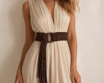 Handmade Suede Braided Belt with Tassel, Woven Leather Waist Belt, Adjustable Wrap Waist Belt for Women, Wide Fashion Belt