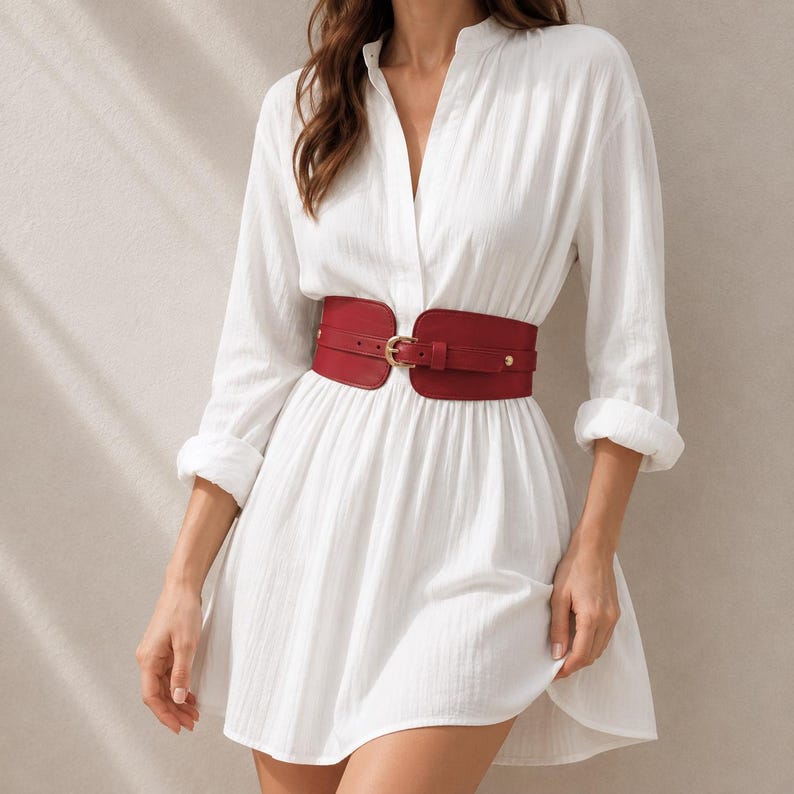 May include: A white long-sleeved dress with a textured fabric, featuring a deep V-neckline and a wide, dark red cinch belt at the waist. The belt is secured with a gold-toned metal buckle and has a structured, multi-strap design.