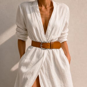 Puede incluir: Un vestido blanco de manga larga con un escote en V profundo y un acabado de tela texturizada. El vestido est&aacute; ce&ntilde;ido a la cintura con un cintur&oacute;n ancho de cuero liso color canela que presenta una hebilla met&aacute;lica grande y redonda.