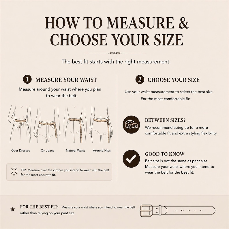 May include: An instructional infographic titled HOW TO MEASURE & CHOOSE YOUR SIZE. It features diagrams showing how to measure the waist over dresses, jeans, at the natural waist, and around hips. Includes text tips on sizing and a belt illustration.