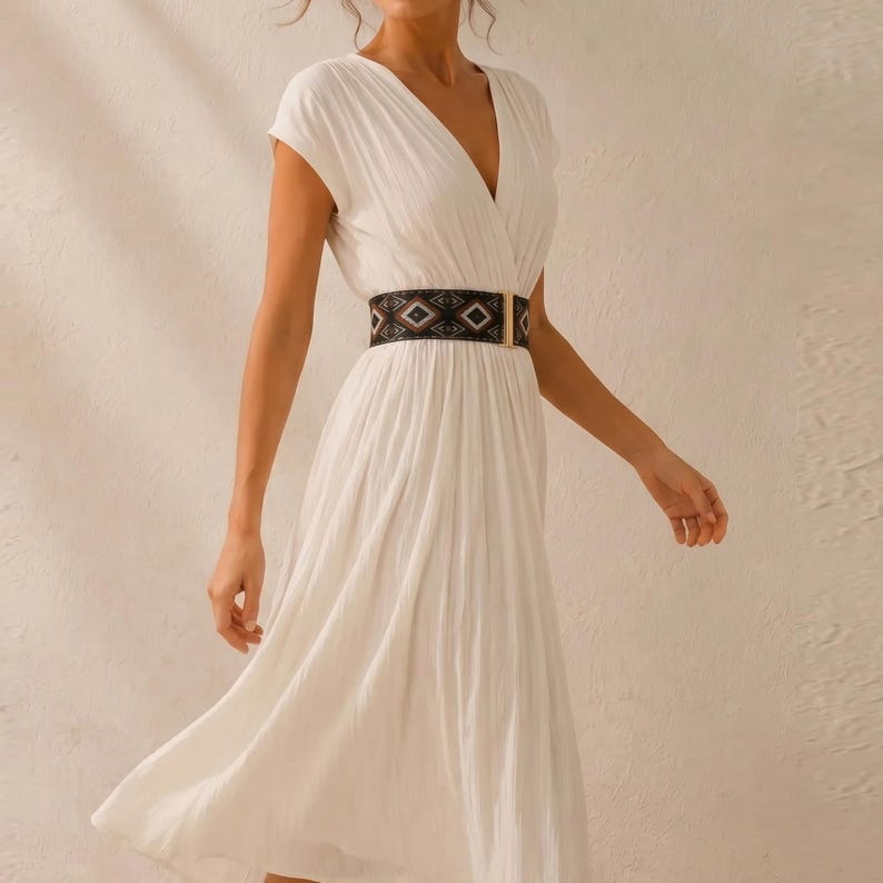Puede incluir: Vestido blanco con cuello en V y mangas cortas, ce&ntilde;ido a la cintura con un cintur&oacute;n estampado. El cintur&oacute;n presenta un dise&ntilde;o geom&eacute;trico en negro, marr&oacute;n y rojo. El vestido tiene una falda fluida de tejido ligero.