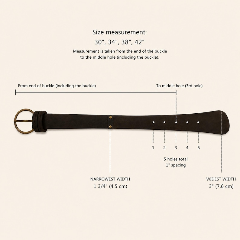 Puede incluir: Un cintur&oacute;n marr&oacute;n oscuro con hebilla redonda de lat&oacute;n, con cinco agujeros separados por 2,54 cm. El cintur&oacute;n mide 4,5 cm en su parte m&aacute;s estrecha y 7,6 cm en la m&aacute;s ancha. Las tallas disponibles son 30, 34, 38 y 42 pulgadas.