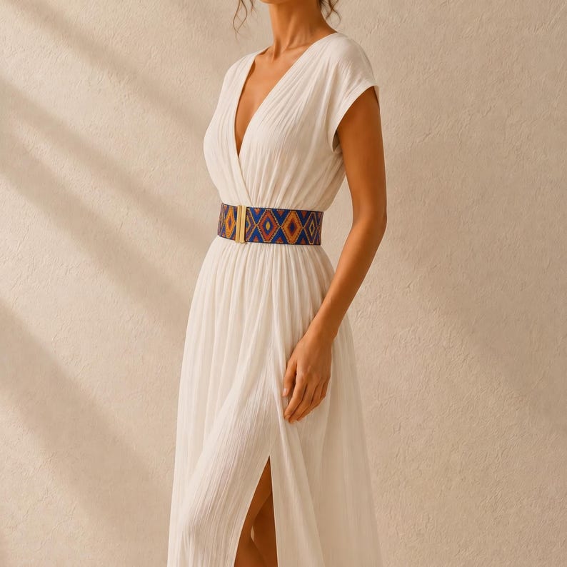 Puede incluir: Un vestido blanco con cuello en V y mangas cortas, con una abertura alta. La cintura se realza con un cintur&oacute;n con un estampado geom&eacute;trico en azul, naranja y dorado. La hebilla del cintur&oacute;n es dorada.