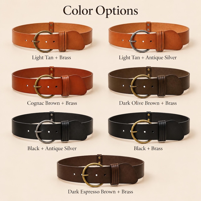 Puede incluir: Siete cinturones de cuero con hebillas met&aacute;licas redondas, etiquetados como Color Options. Las variantes incluyen cuero color tostado claro, marr&oacute;n co&ntilde;ac, marr&oacute;n oliva oscuro, negro y marr&oacute;n espresso oscuro con herrajes de lat&oacute;n o plata antigua.
