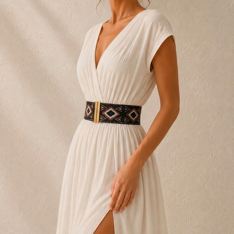 Puede incluir: Un vestido blanco con cuello en V, mangas cortas y una abertura alta. El vestido se ci&ntilde;e a la cintura con un cintur&oacute;n estampado en negro y marr&oacute;n con una hebilla dorada. El cintur&oacute;n presenta dise&ntilde;os geom&eacute;tricos.