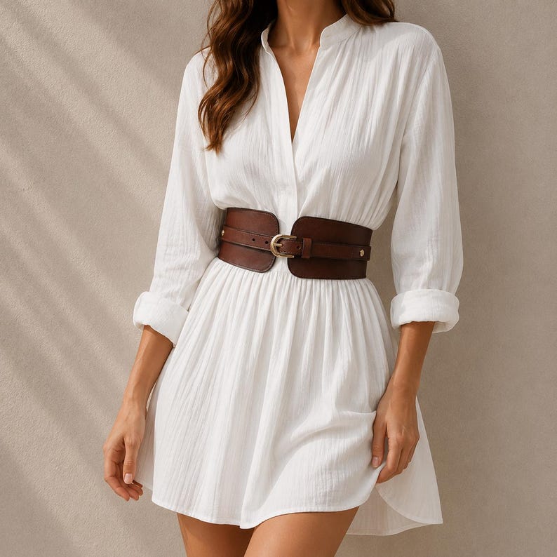 May include: A white long-sleeved dress with a textured fabric, featuring a V-neckline and a wide, dark brown leather-style corset belt with a gold-toned buckle cinched at the waist. The dress has a flared skirt and cuffed sleeves.