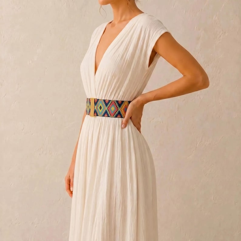 Puede incluir: Un vestido blanco con cuello en V y mangas cortas. El vestido se ci&ntilde;e a la cintura con un cintur&oacute;n estampado y colorido con dise&ntilde;os geom&eacute;tricos en tonos azules, amarillos, rojos y verdes. El cintur&oacute;n tiene una hebilla dorada.