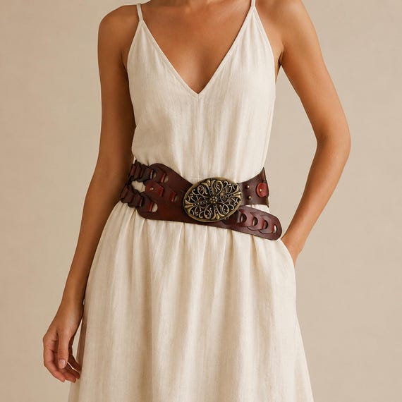 boho dress belt Wide Belt, Woven Leather Waist for Women, Vintage Statement Belt, Reddish-Brown Dress Accessory brittanybekas's White dresses Collection Dark Lilac Size:32.5