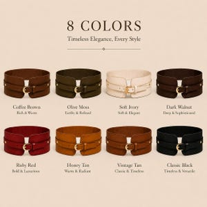 May include: A collection of eight wide belts with gold-toned buckles, displayed in two rows. The colors include coffee brown, olive moss, soft ivory, dark walnut, ruby red, honey tan, vintage tan, and classic black. Text reads 8 COLORS.