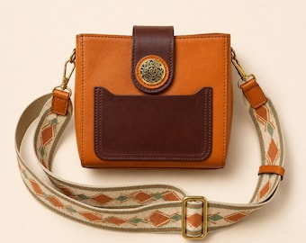 Full Grain Leather Crossbody Bag, Woven Strap Shoulder Bag, Vintage Medallion Purse