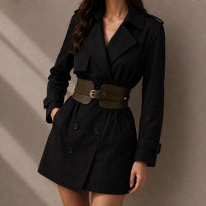May include: A black double-breasted trench coat featuring long sleeves with buckled cuffs, a notched lapel collar, and shoulder epaulets. The coat is cinched at the waist with a wide, olive green corset-style belt that has a gold-toned metal buckle.