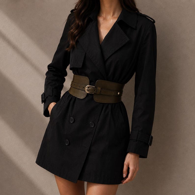 May include: A black double-breasted trench coat featuring long sleeves with buckled cuffs, a notched lapel collar, and shoulder epaulets. The coat is cinched at the waist with a wide, olive green corset-style belt that has a gold-toned metal buckle.