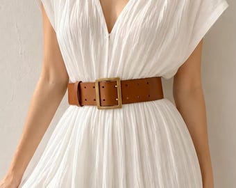 Wide Waist Belt for Women, Full Grain Leather Belt, Wide Waist Cincher, Gold Buckle Minimalist Belt, Double Prong Belt, Statement Dress Belt