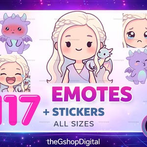 May include: Digital artwork displaying a collection of emotes and stickers. The image features cartoon characters, including a woman with blonde hair and a dragon. The text reads "EMOTES + STICKERS ALL SIZES" and "117". The background is a gradient of purple and blue.
