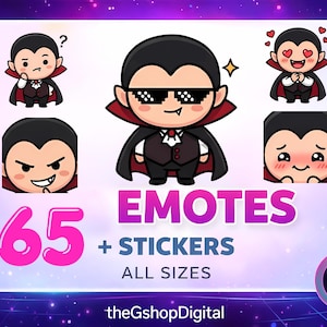 May include: A digital art graphic featuring a cartoon vampire with various expressions. The image includes the text "EMOTES + STICKERS ALL SIZES" and "65". The GShopDigital logo is in the bottom right corner.