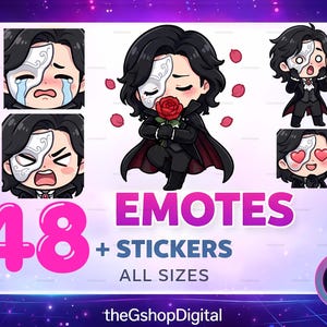 May include: A digital collection of 48 emotes and stickers featuring a chibi character with black hair and a white mask, wearing a black suit and cape. The character is shown in various expressions, including crying, angry, holding a red rose, and heart-eyed.