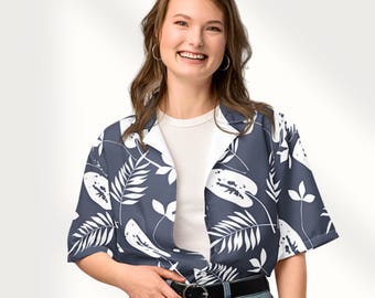 Chemise boutonnée à motif feuilles tropicales | Chemise d'été unisexe oversize | Imprimé botanique bleu et blanc