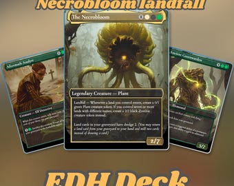 Puede incluir: Tres cartas coleccionables de Magic: The Gathering tituladas The Necrobloom, Aftermath Analyst y Ancient Greenwarden. La carta central muestra una gran criatura vegetal amarilla. El texto Necrobloom landfall y EDH Deck es amarillo.