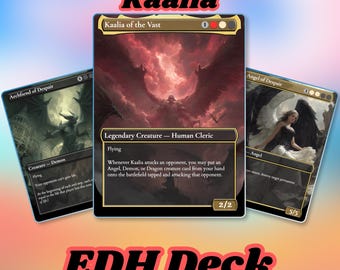 Puede incluir: Tres cartas coleccionables de Magic: The Gathering que muestran a Kaalia of the Vast, Archfiend of Despair y Angel of Despair. Las cartas presentan ilustraciones de fantasía oscura con paletas de colores rojo y negro, texto y símbolos de maná.
