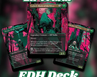 Puede incluir: Tres cartas de Magic: The Gathering con una combinación de colores rosa y verde. Las cartas presentan personajes elfos y el texto "Elf Tribal" y "EDH Deck". Las cartas se titulan "Lathril, Blade of the Elves", "Dionus, Elvish Archdruid" y "Arch Perfect Morcant".
