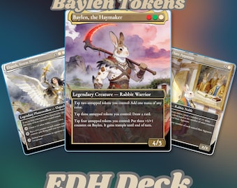 Puede incluir: Tres cartas coleccionables de Magic: The Gathering tituladas Baylen Tokens EDH Deck. La carta central muestra a Baylen, the Haymaker, un guerrero conejo con una guadaña. La carta de la izquierda es Elspeth, Storm Slayer y la de la derecha Hare Apparent.