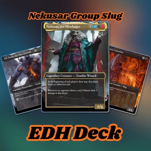 Op de afbeelding: Drie Magic: The Gathering ruilkaarten weergegeven tegen een donkere achtergrond. De middelste kaart is Nekusar, the Mindrazer, geflankeerd door Ob Nixilis, the Hate-Twisted en Fate Unraveler. De tekst bovenaan luidt Nekusar Group Slug en EDH Deck.